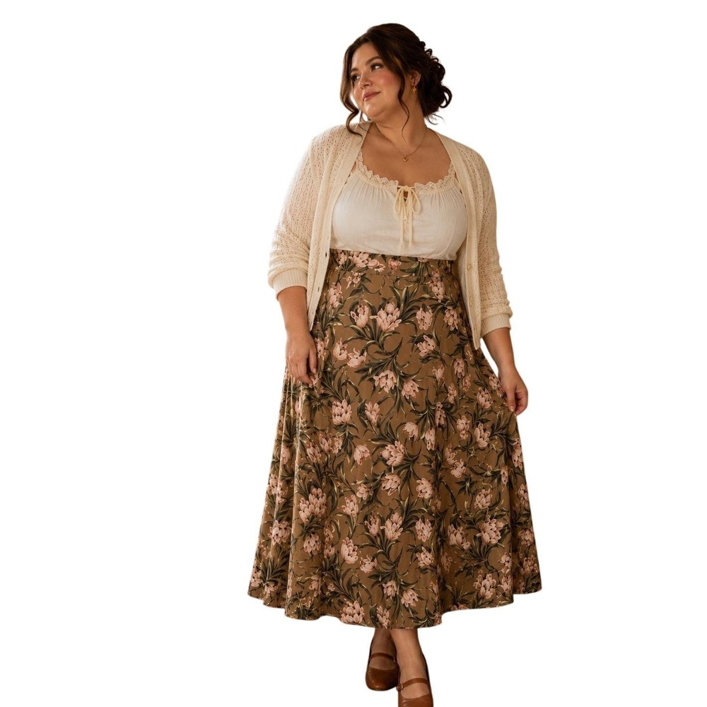 Vtg Charter Club Silk Maxi Skirt Brown Pink Tulip Floral Romantic Cottagecore 20